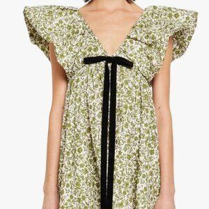 Women's Floral Print Mini Dress V Neck Puff Sleeve